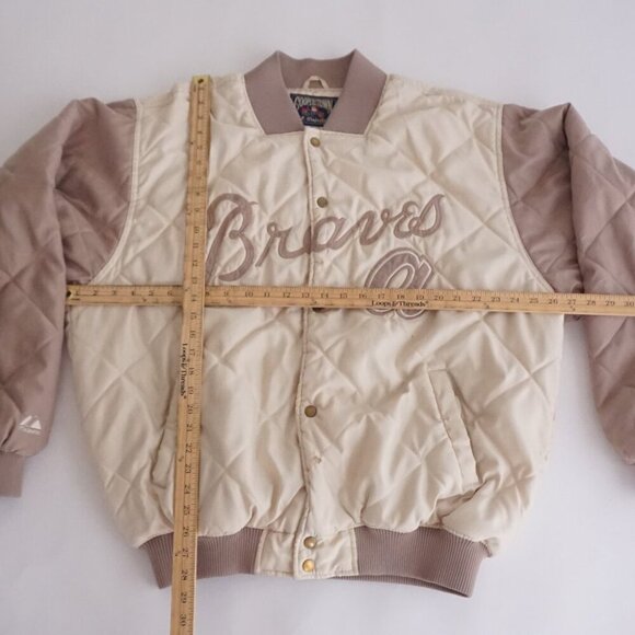 80s Cooperstown Atlanta Braves Cream Quilted Button Up Varsity Bomber Jacket XL - Picture 4 of 16